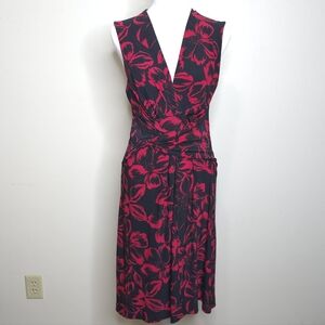 ​Norma Kamali Twist Front Jersey Knit Dress Medium Red Black Floral Sleeveless